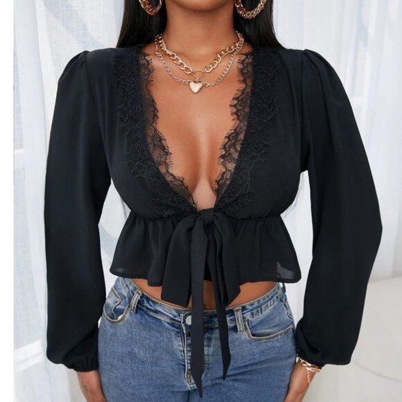 SHEIN Eyelash Lace Trim Lantern Sleeve Knot Front Peplum Crop Top Size XL - Picture 3 of 4